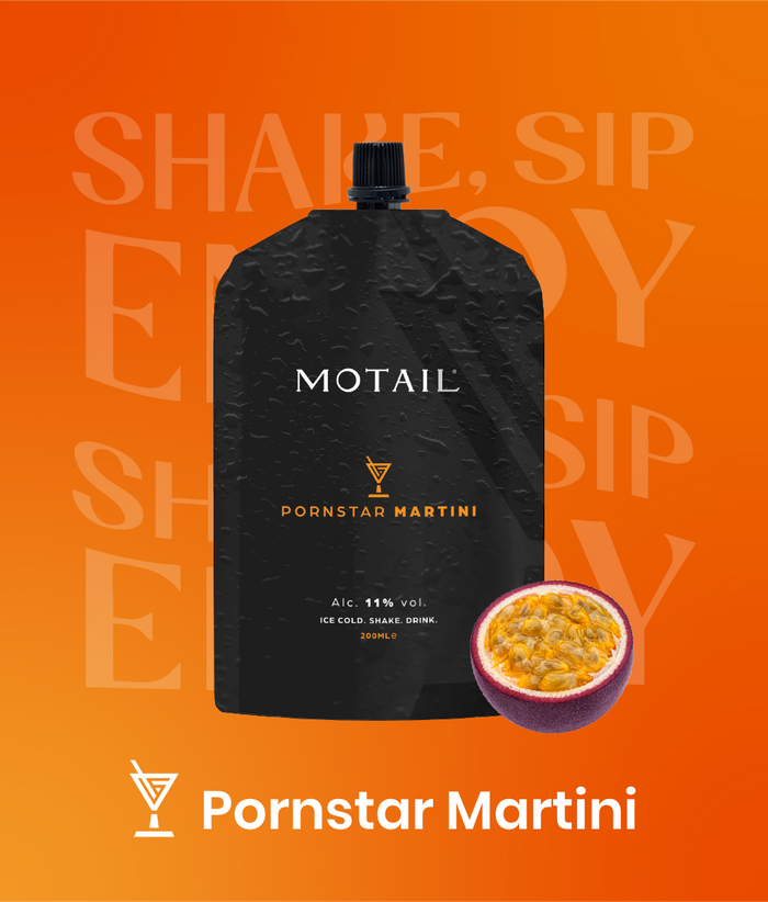 Kant-en-klare Pornstar Martini van Motail, een cocktail in een pouch voor op festivals