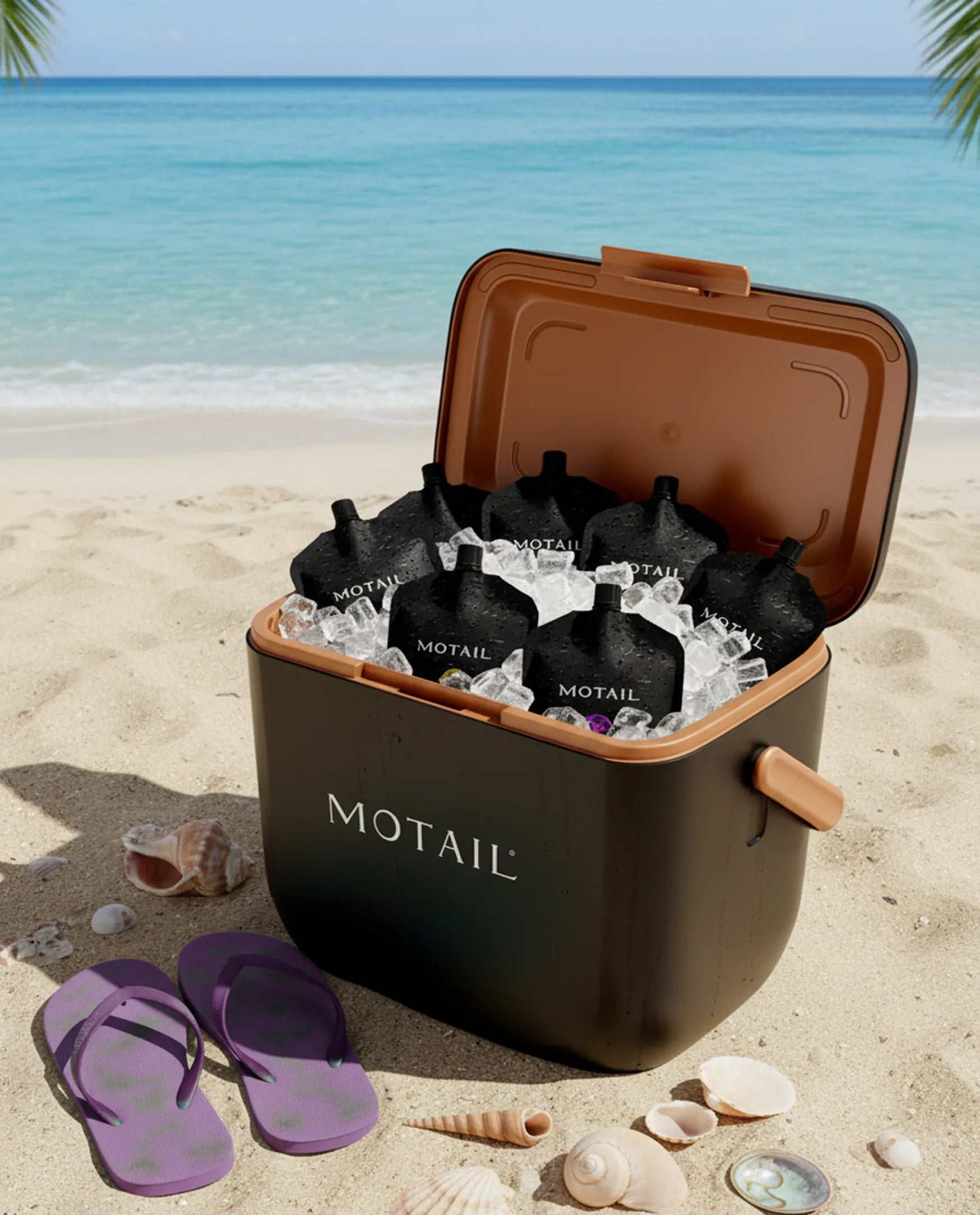 Goedgevulde Motail koelbox met cocktail pouches en ijsblokjes op het strand